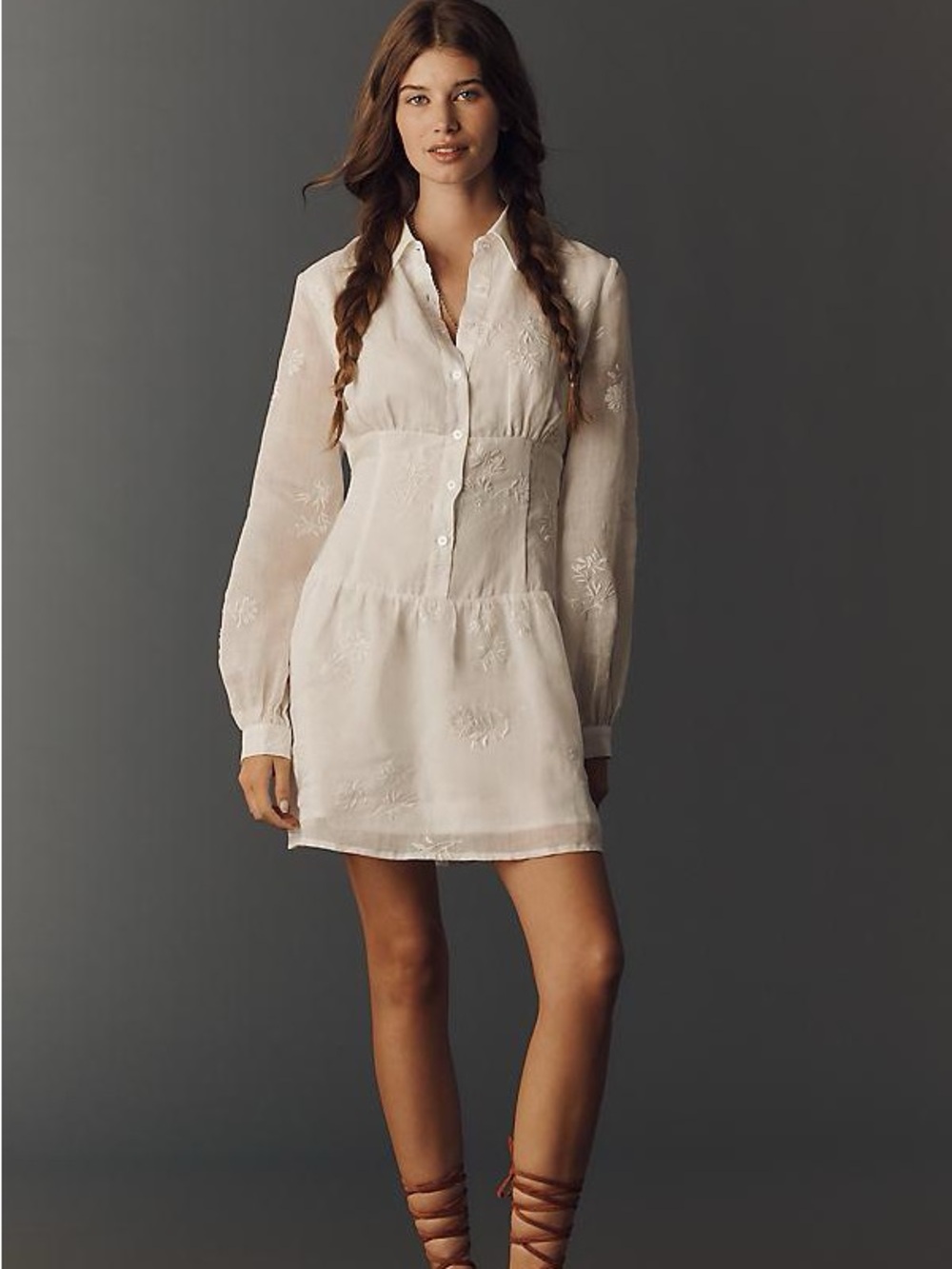 NWT Anthro Women's White Button-Front Embroidered Shirt Dress